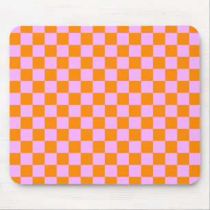 Orange + Pink Check Chequered Chequerboard Pattern Mouse Mat