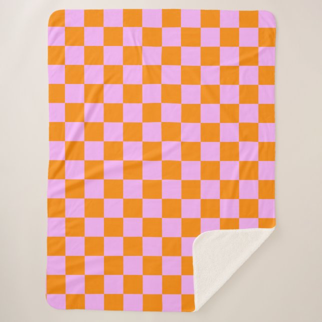 Orange + Pink Check Chequered Chequerboard Pattern Sherpa Blanket (Front)