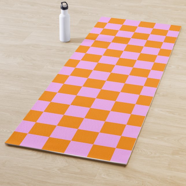 Orange + Pink Check Chequered Chequerboard Pattern Yoga Mat (In Situ)