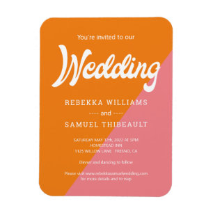 Orange Pink Colour Block Retro Wedding Invitation Magnet