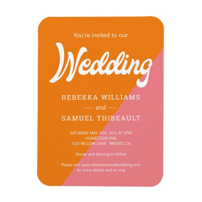 Orange Pink Colour Block Retro Wedding Invitation Magnet (Vertical)