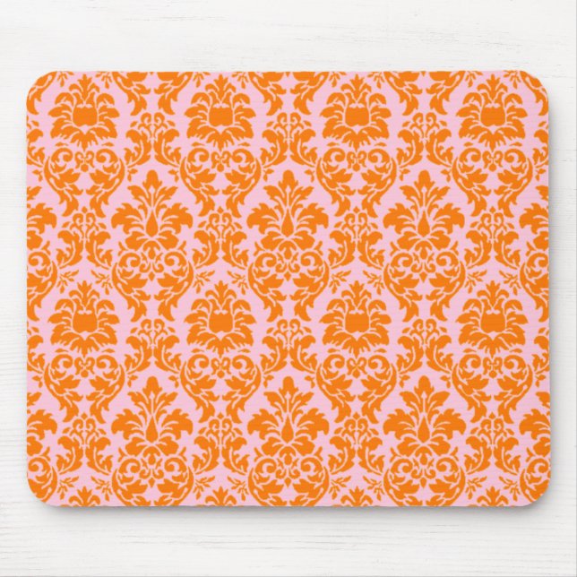 Orange & Pink Damask Mouse Mat (Front)