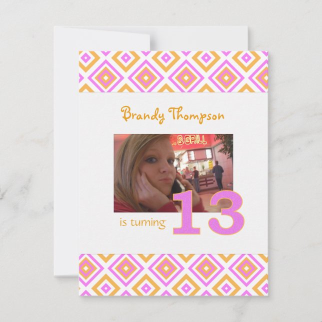 Orange & Pink Diamond: 13th Birthday Invitation (Front)