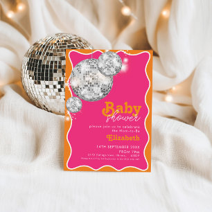 Orange Pink Disco Ball Baby Shower Party Design Invitation