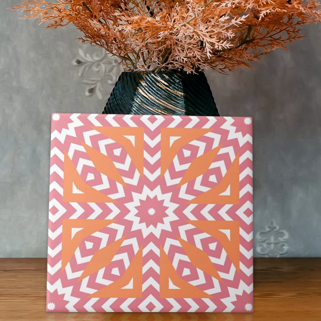 Orange & Pink Ethnic Mosaic Geometric Pattern Tile (Creator Uploaded)