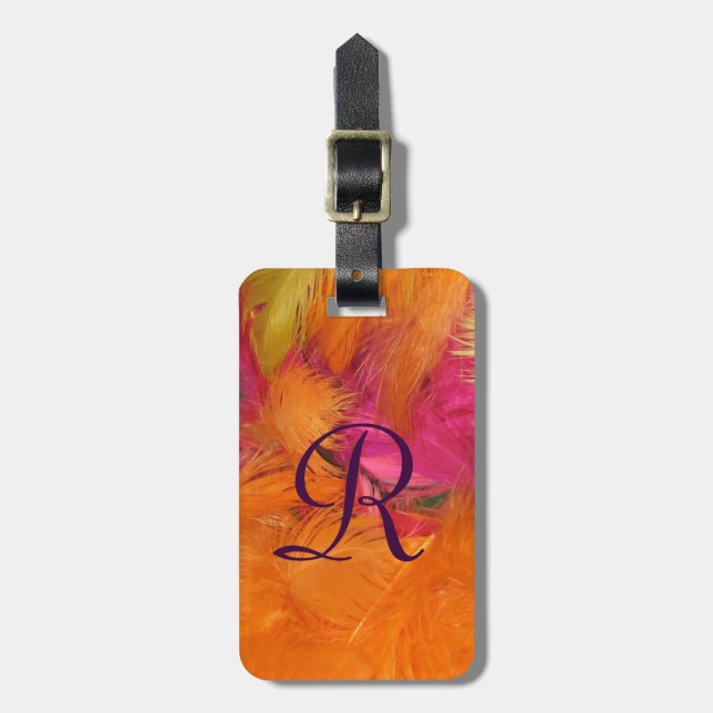 Orange, Pink Feathers Monogram Bag Luggage Tag (Front Vertical)