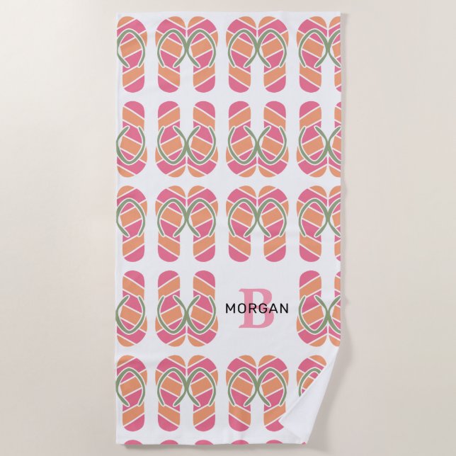 Orange & Pink Flip Flops, Name & Large Monogram Be Beach Towel (Front)