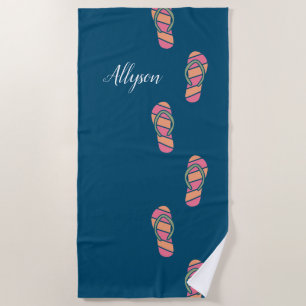 Orange & Pink Flip Flops, White Name, Ocean Blue Beach Towel