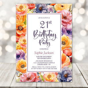 Orange Pink Floral 21st Birthday Party Invitation
