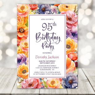 Orange Pink Floral 95th Birthday Party Invitation