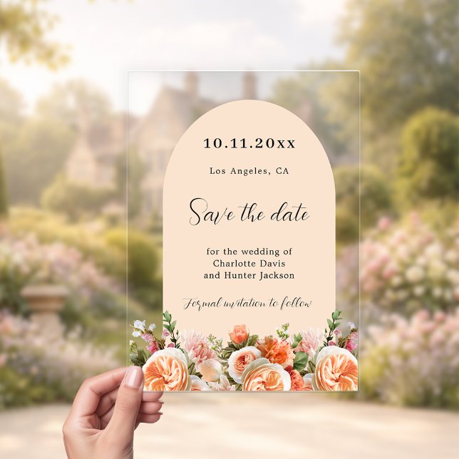 Orange pink floral arch wedding Save the Date Card Acrylic Invitations (Creator Uploaded)