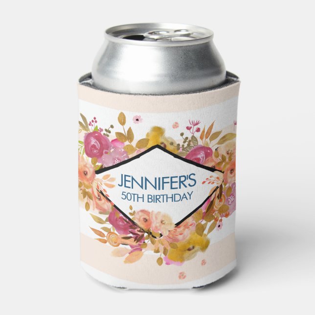 Orange & Pink Floral Bouquet Birthday Can Cooler (Can Front)