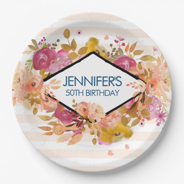 Orange & Pink Floral Bouquet Birthday Paper Plate (Front)