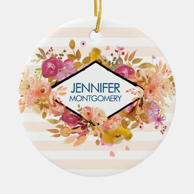 Orange & Pink Floral Bouquet Ceramic Tree Decoration (Front)