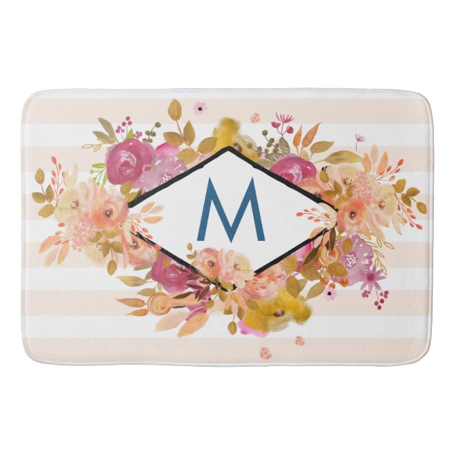 Orange & Pink Floral Bouquet Monogram Bath Mat (Front)