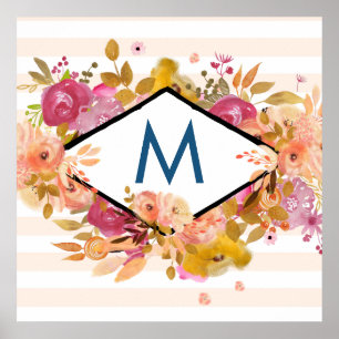 Orange & Pink Floral Bouquet  Monogram Poster