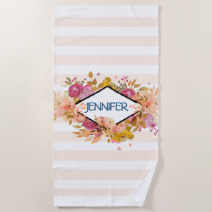 Orange & Pink Floral Bouquet w/ Diamond Frame Beach Towel