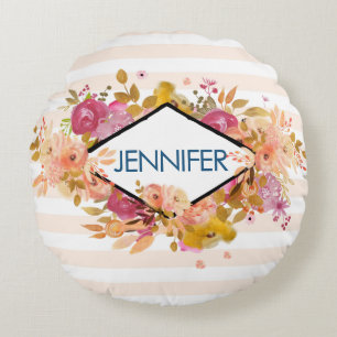 Orange & Pink Floral Bouquet w/ Diamond Frame Round Cushion