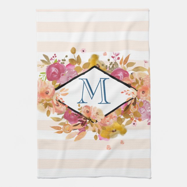 Orange & Pink Floral Bouquet w/ Diamond Frame Tea Towel (Vertical)