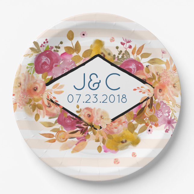 Orange & Pink Floral Bouquet Wedding Paper Plate (Front)