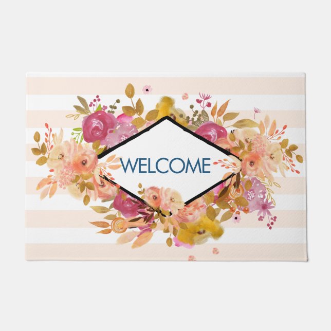 Orange & Pink Floral Bouquet Welcome Doormat (Front)