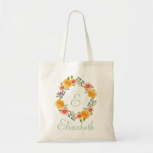 Orange Pink Floral Bridesmaid Monogram Name Tote Bag