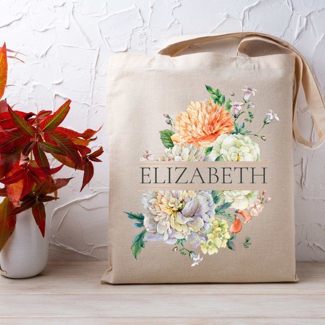  Orange Pink Floral Bridesmaid Monogram Name  Tote Bag (Creator Uploaded)