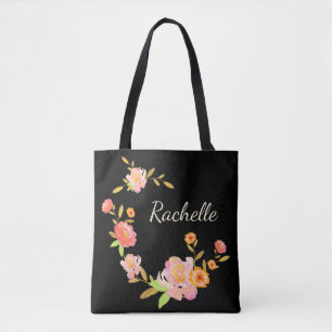 Orange & Pink Floral Custom Monogram Tote Bag