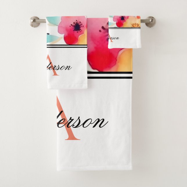 Orange & Pink Floral Monogram   Bath Towel Set (Insitu)