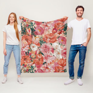 Orange Pink Floral Pattern Fleece Blanket