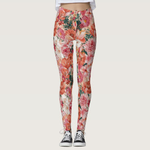 Orange Pink Floral Pattern Leggings