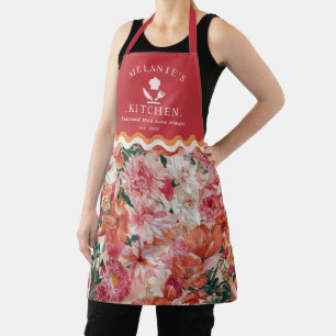 Orange Pink Floral Pattern Monogram Apron