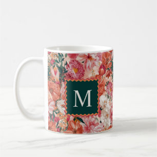 Orange Pink Floral Pattern Monogram Coffee Mug