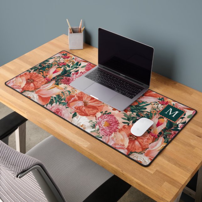Orange Pink Floral Pattern Monogram Desk Mat (Office 2)