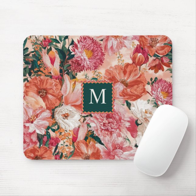 Orange Pink Floral Pattern Monogram Mouse Mat (With Mouse)