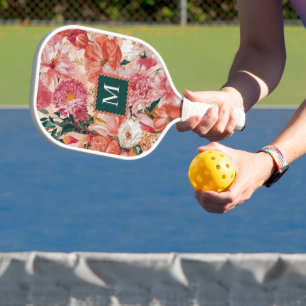 Orange Pink Floral Pattern Monogram Pickleball Paddle