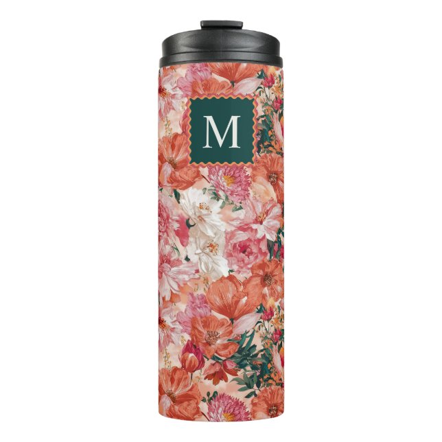 Orange Pink Floral Pattern Monogram Thermal Tumbler (Front)
