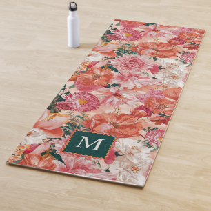 Orange Pink Floral Pattern Monogram Yoga Mat