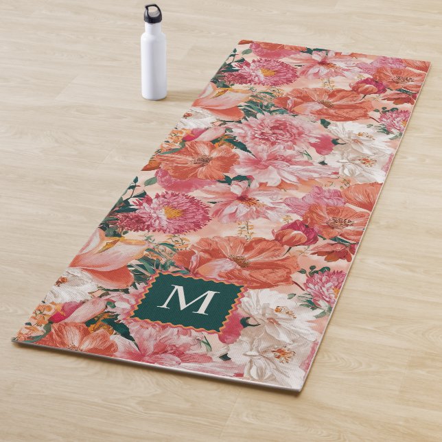 Orange Pink Floral Pattern Monogram Yoga Mat (In Situ)