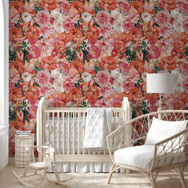 Orange Pink Floral Pattern Wallpaper (Kids)