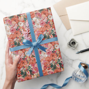 Orange Pink Floral Pattern Wrapping Paper