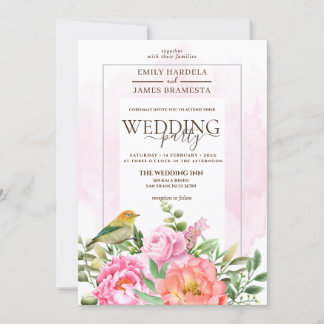 Orange Pink Floral With Bird Watercolor Wedding Invitation