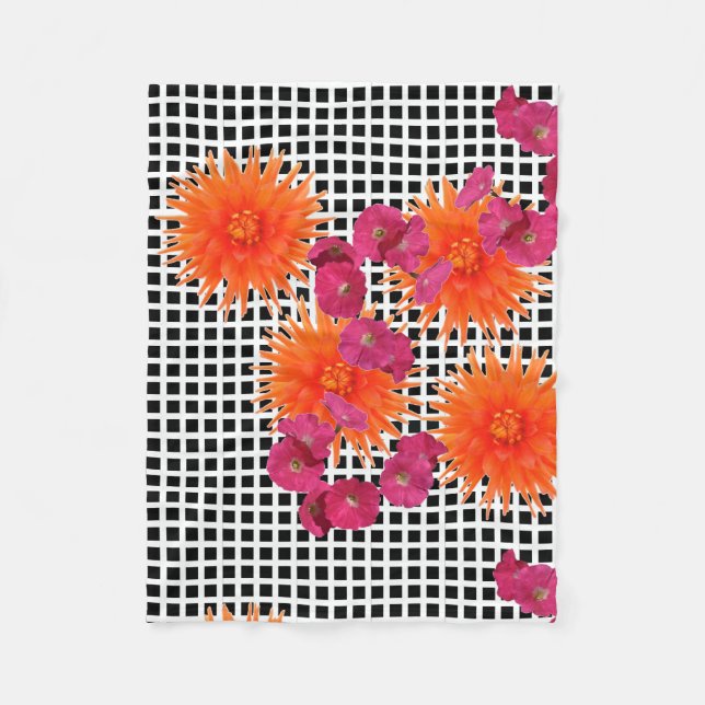 Orange Pink Flowers B/W Check Fleece Blanket (Front)