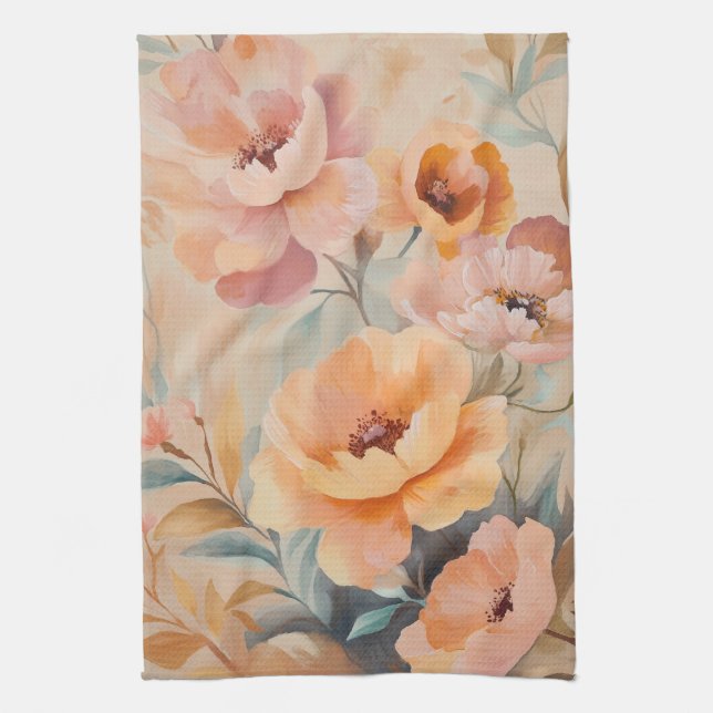Orange Pink Flowers Watercolor Blooms Elegant  Tea Towel (Vertical)