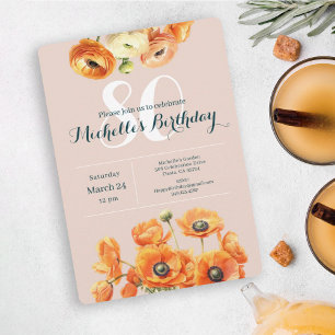 Orange Pink Garden Floral 80th Birthday Party  Invitation
