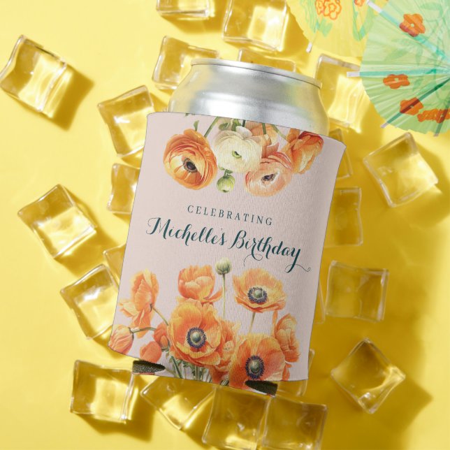 Orange Pink Garden Floral Birthday Party  Can Cooler (In Situ Summer)