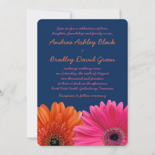 Orange Pink Gerbera Daisy Navy Wedding Invitation