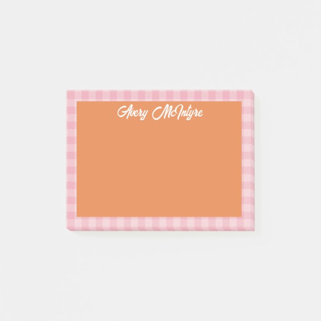 Orange Pink Gingham Border Name In Cool Script Post-it Notes (Front)