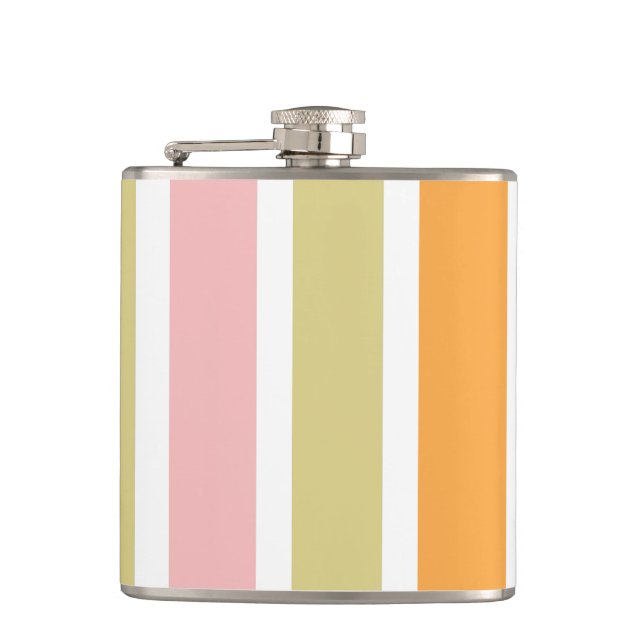 Orange Pink Gold and Green Stripes Hip Flask (Front)