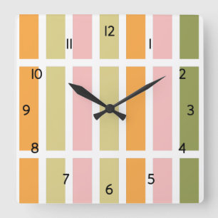 Orange Pink Gold and Green Stripes Square Wall Clock